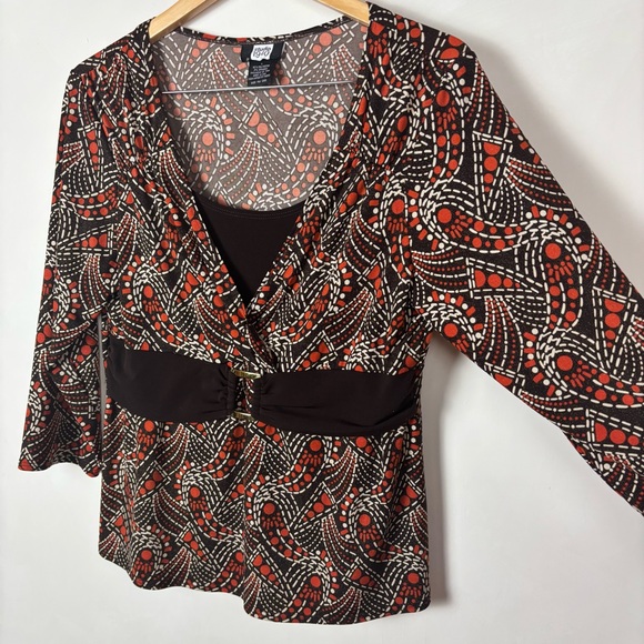 Studio 1940 Brown Orange Retro Y2K Belted Blouse L Made in USA Vintage - Picture 5 of 11